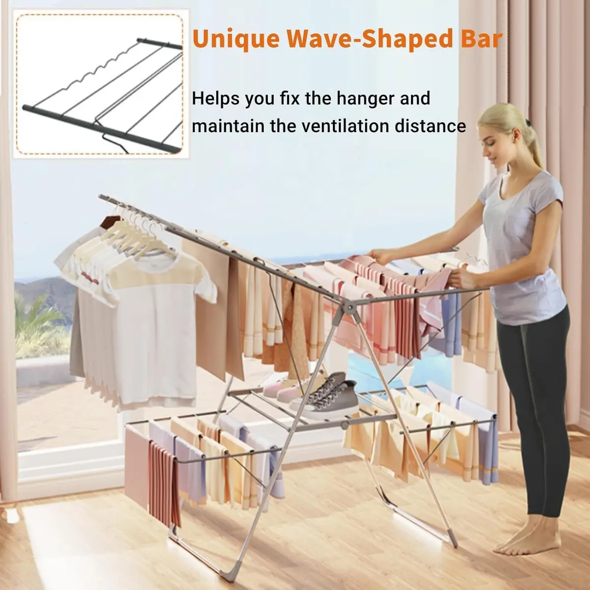 Bigzzia Clothes Drying Rack Foldable 2-Level Large Laundry Rack | Space-Saving, Adjustable, Rustproof - view 8