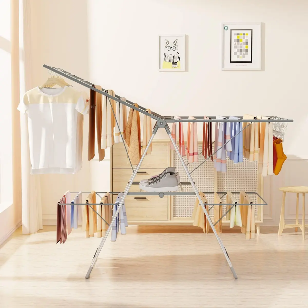 Bigzzia Clothes Drying Rack Foldable 2-Level Large Laundry Rack | Space-Saving, Adjustable, Rustproof - view 9