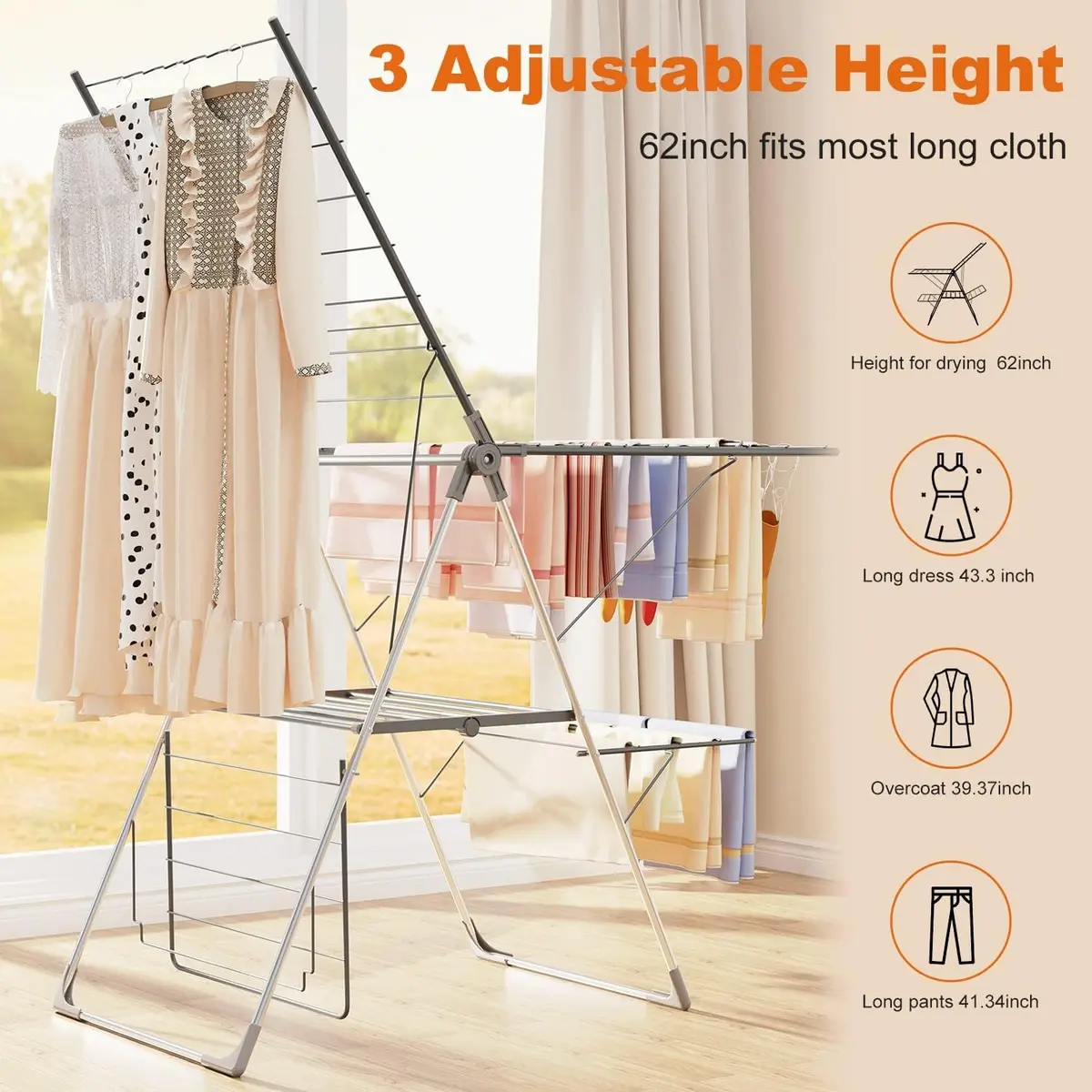 Bigzzia Clothes Drying Rack Foldable 2-Level Large Laundry Rack | Space-Saving, Adjustable, Rustproof - view 3