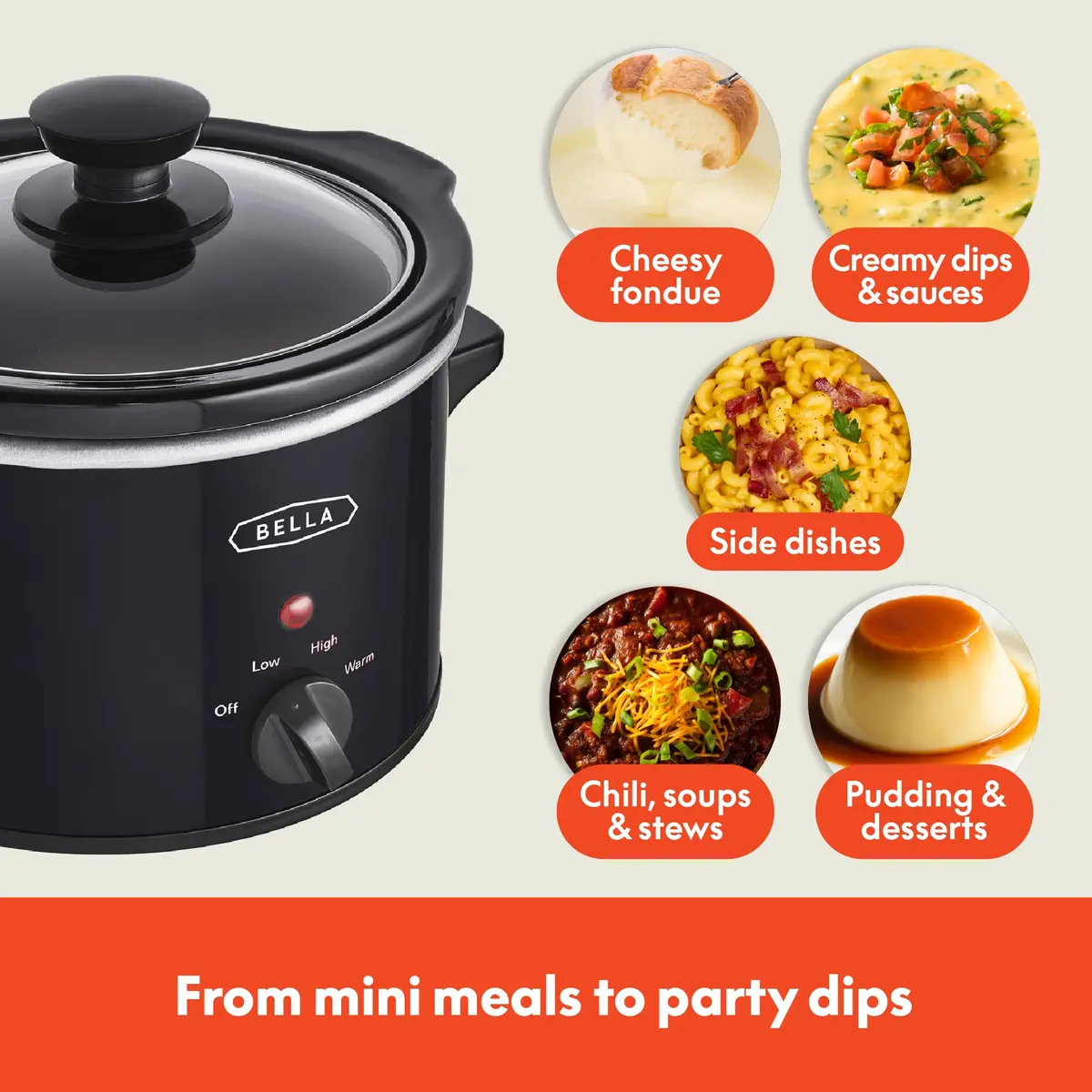 BELLA 1.5QT Slow Cooker | Non-Toxic Ceramic Coating, 3 Heat Settings, Black - view 5