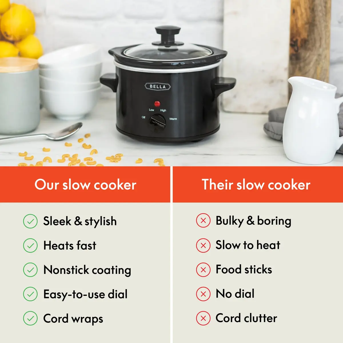BELLA 1.5QT Slow Cooker | Non-Toxic Ceramic Coating, 3 Heat Settings, Black - view 6