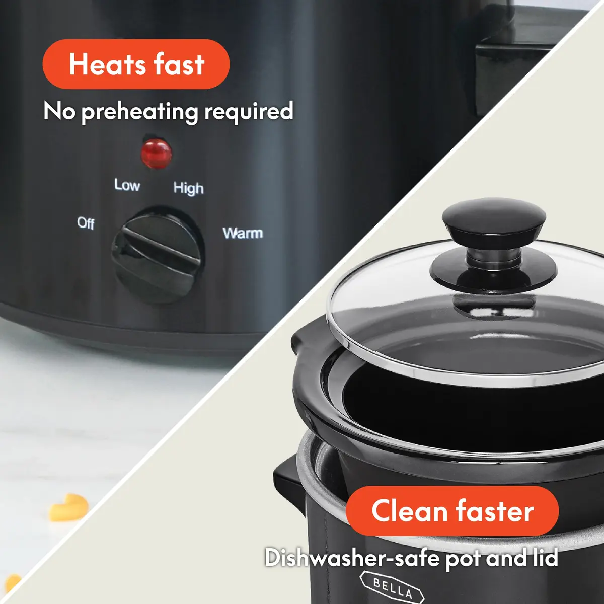 BELLA 1.5QT Slow Cooker | Non-Toxic Ceramic Coating, 3 Heat Settings, Black - view 3