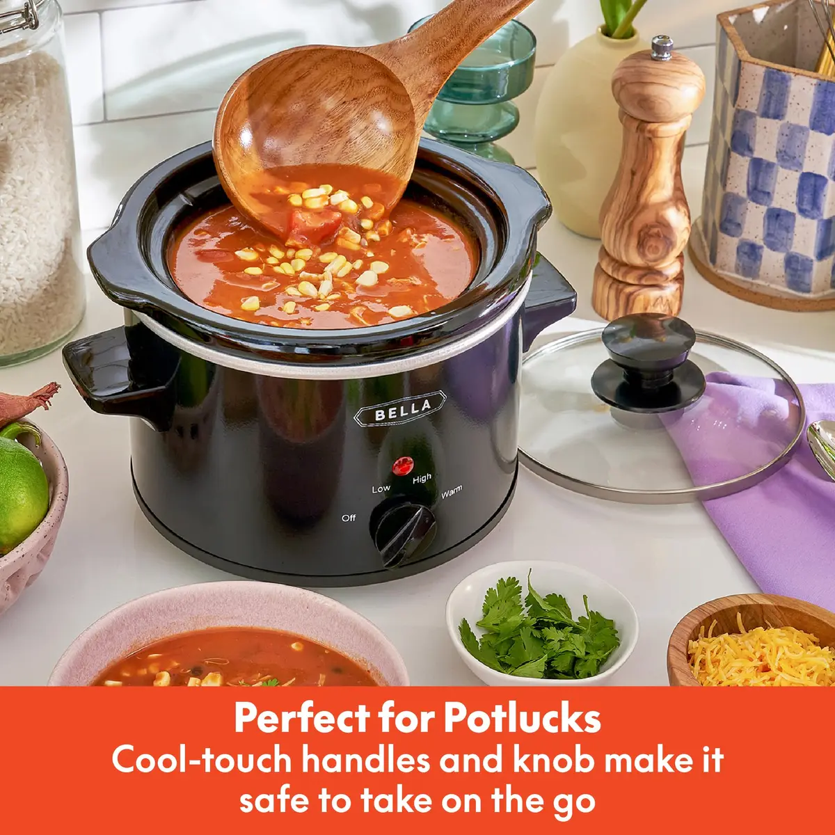 BELLA 1.5QT Slow Cooker | Non-Toxic Ceramic Coating, 3 Heat Settings, Black - view 4