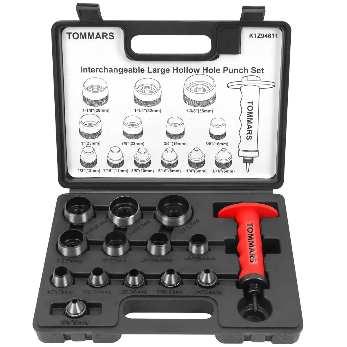 TOMMARS 14-Piece Hollow Punch Set 5-35 mm (3/16 to 1-3/8 Inch) | Heavy Duty Alloy Steel Gasket Cutter Kit - main product image