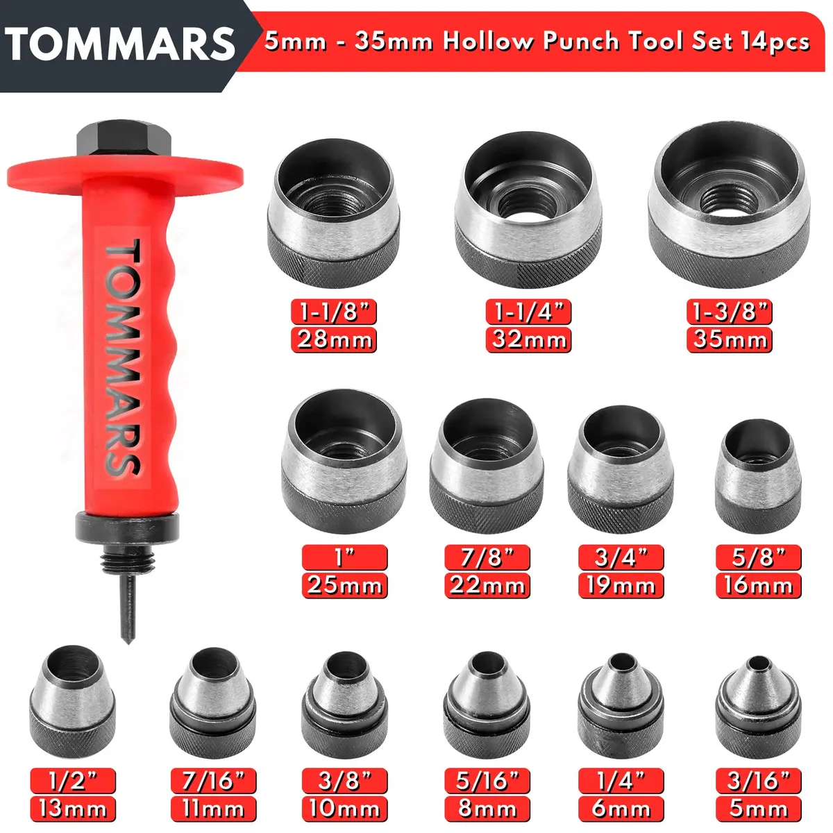 TOMMARS 14-Piece Hollow Punch Set 5-35 mm (3/16 to 1-3/8 Inch) | Heavy Duty Alloy Steel Gasket Cutter Kit - view 2