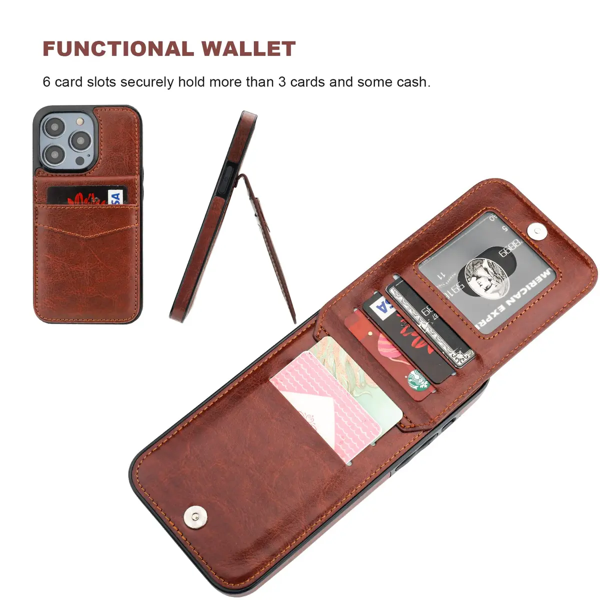KIHUWEY iPhone 14 Pro Max Wallet Case Card Holder Kickstand | Heavy Duty Leather Cover with 5 Card Slots - view 4
