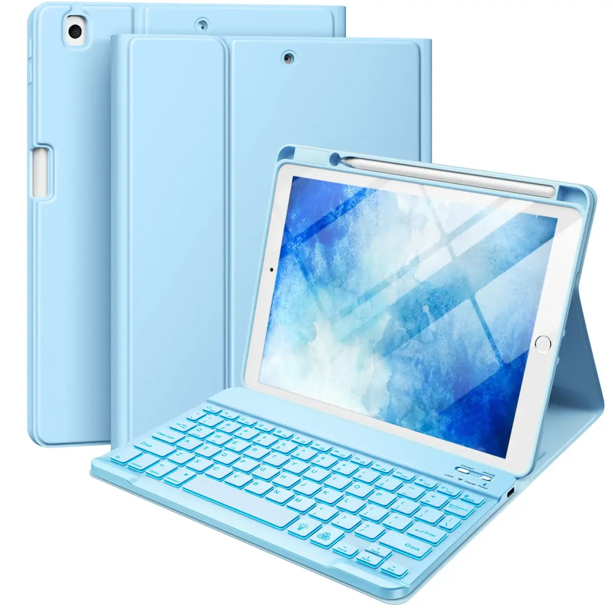 Hamile Detachable Keyboard Case for iPad 9/8/7th Gen 10.2" & Air 3/Pro 10.5" | 7 Color Backlit, Wireless Bluetooth, Pencil Holder, Blue - main product image
