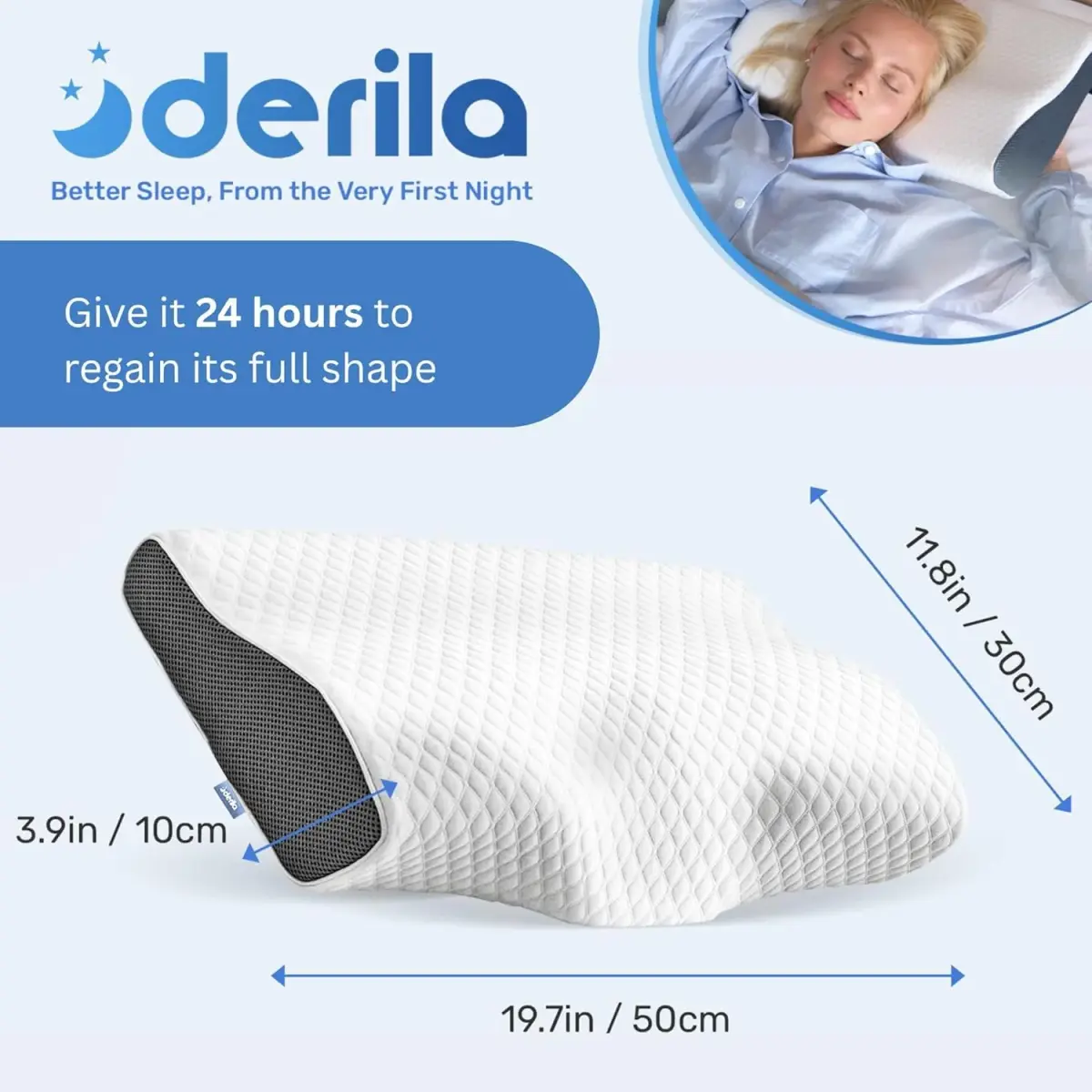 Derila Cervical Neck Pillow for Sleeping, Memory Foam 50cm (19.7") | Supports Neck & Spine - view 2