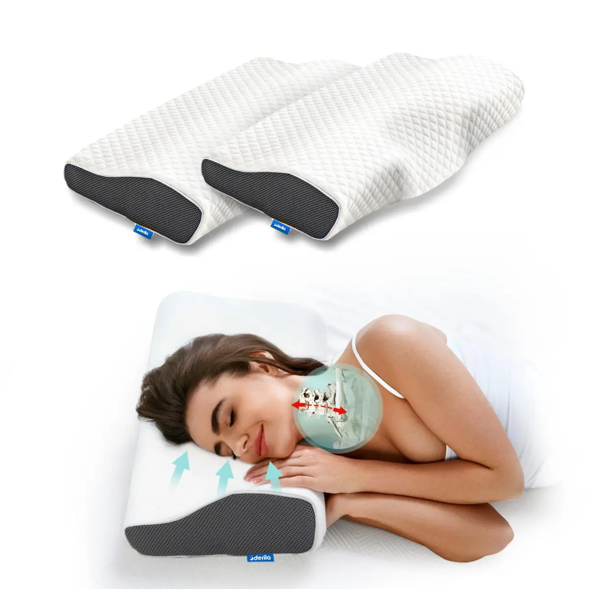 Derila Cervical Neck Pillow 2 Pack | 50cm (19.7") x 30cm (11.8") x 10cm (3.9") Butterfly Contour Memory Foam Support Pillow - main product image
