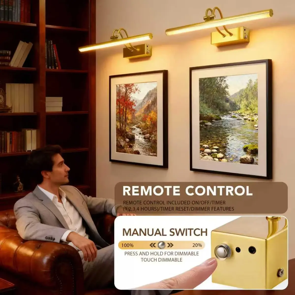 RAIFOOLLY Wireless Picture Light 16 inch (40.64 cm) Plated Gold | Rechargeable LED Art Light with Remote - view 5