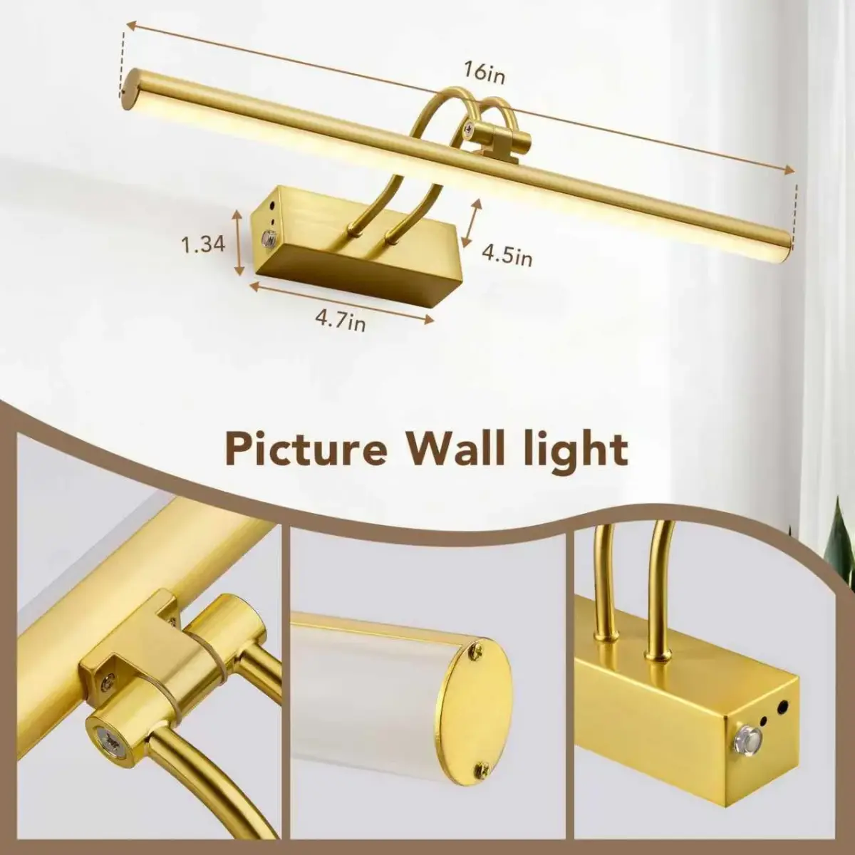 RAIFOOLLY Wireless Picture Light 16 inch (40.64 cm) Plated Gold | Rechargeable LED Art Light with Remote - view 6
