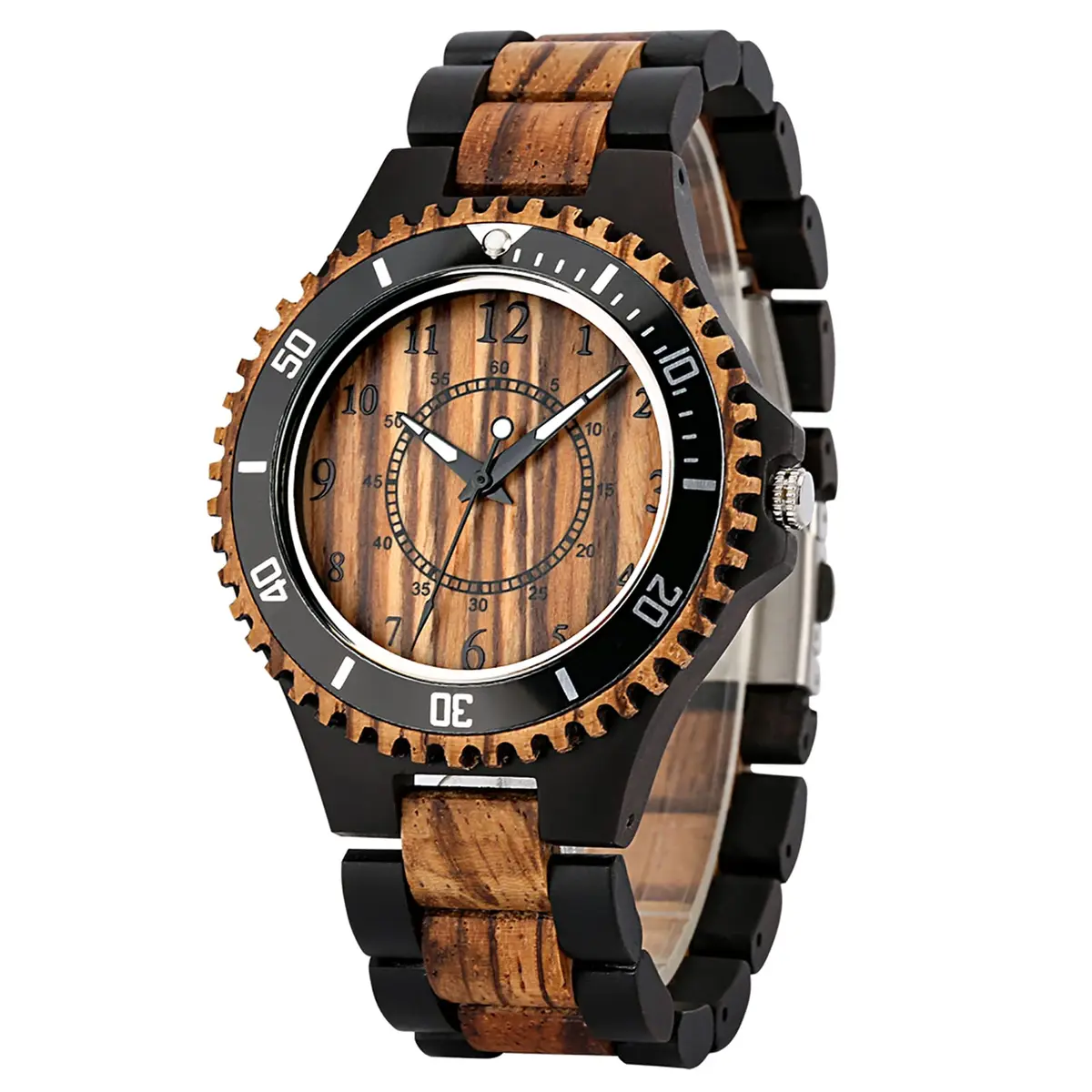 Realpoo Wooden Quartz Watch for Men | Zebra Pattern, Foldover Clasp, 47mm Diameter - main product image