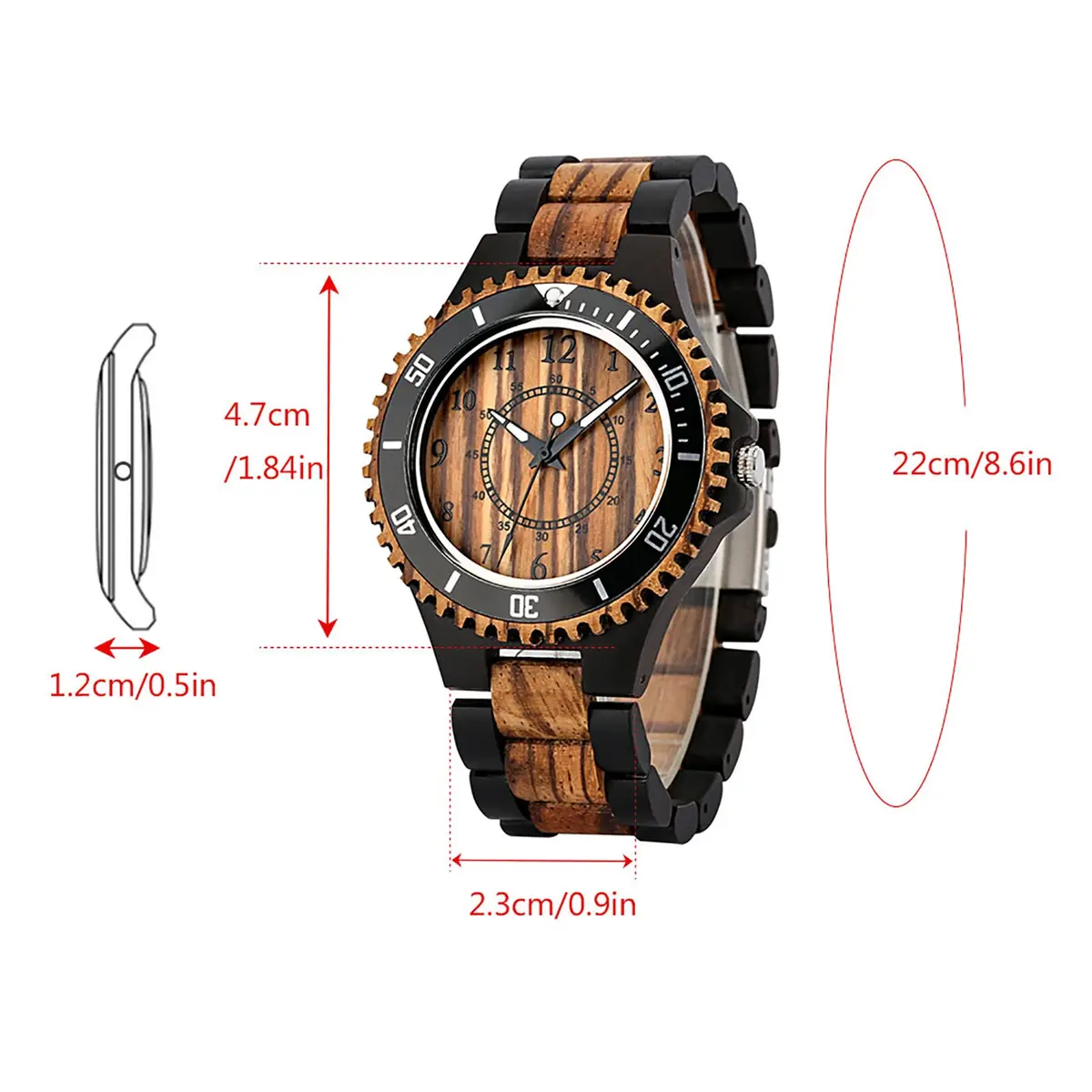 Realpoo Wooden Quartz Watch for Men | Zebra Pattern, Foldover Clasp, 47mm Diameter - view 7