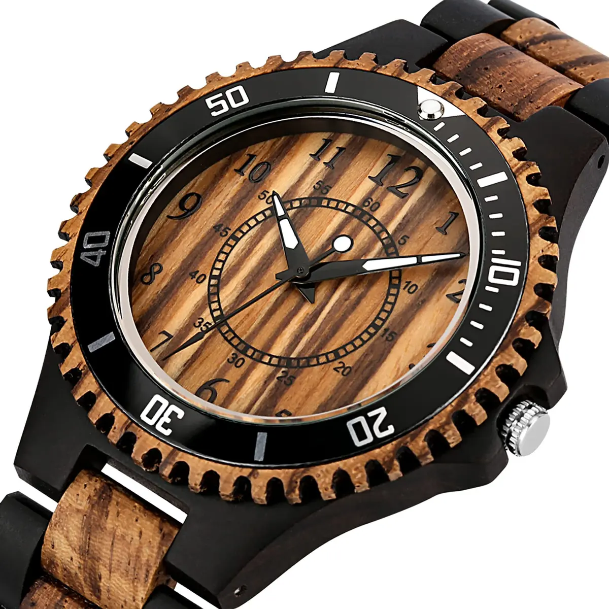 Realpoo Wooden Quartz Watch for Men | Zebra Pattern, Foldover Clasp, 47mm Diameter - view 2