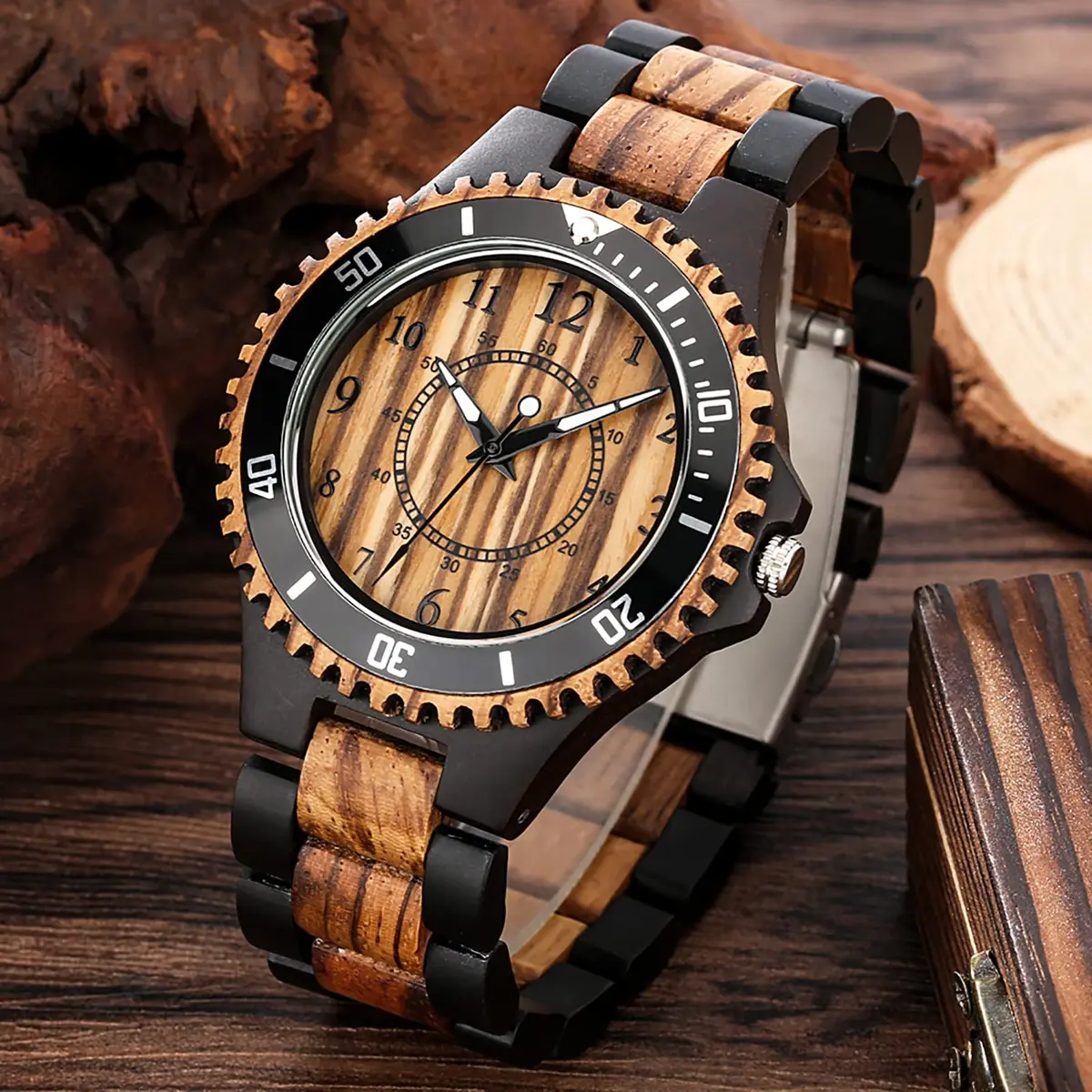 Realpoo Wooden Quartz Watch for Men | Zebra Pattern, Foldover Clasp, 47mm Diameter - view 3