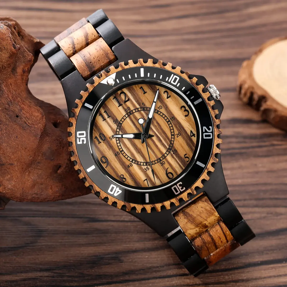 Realpoo Wooden Quartz Watch for Men | Zebra Pattern, Foldover Clasp, 47mm Diameter - view 4