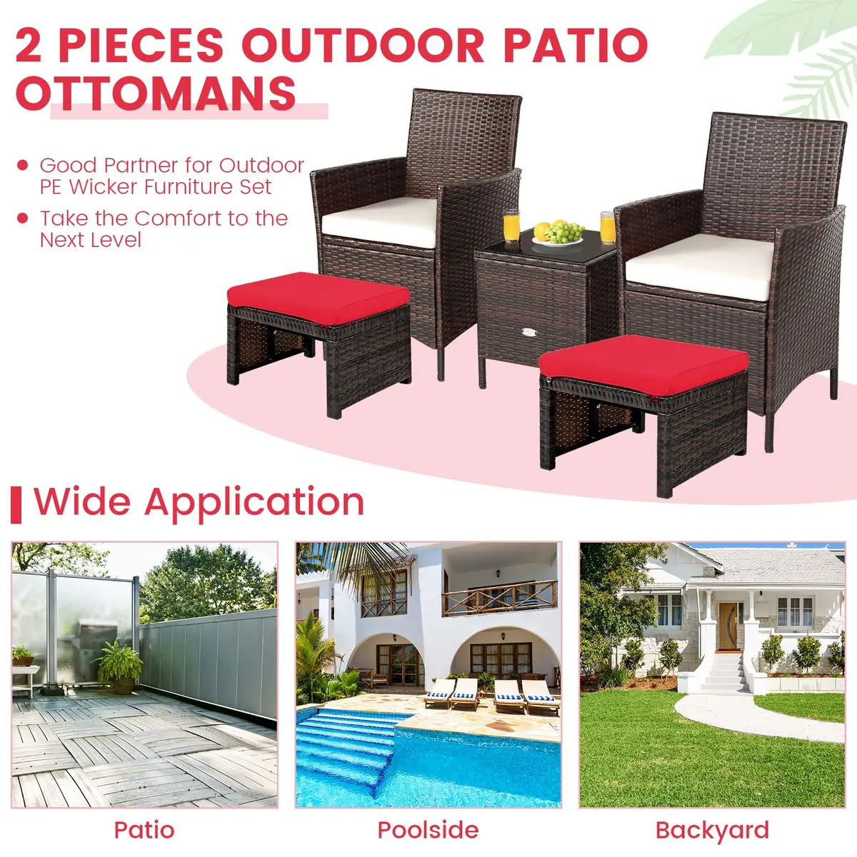 RELAX4LIFE 2-Piece Wicker Outdoor Ottoman | Removable Cushions, 19.5” x 15.5” x 11” | Patio & Garden - view 7