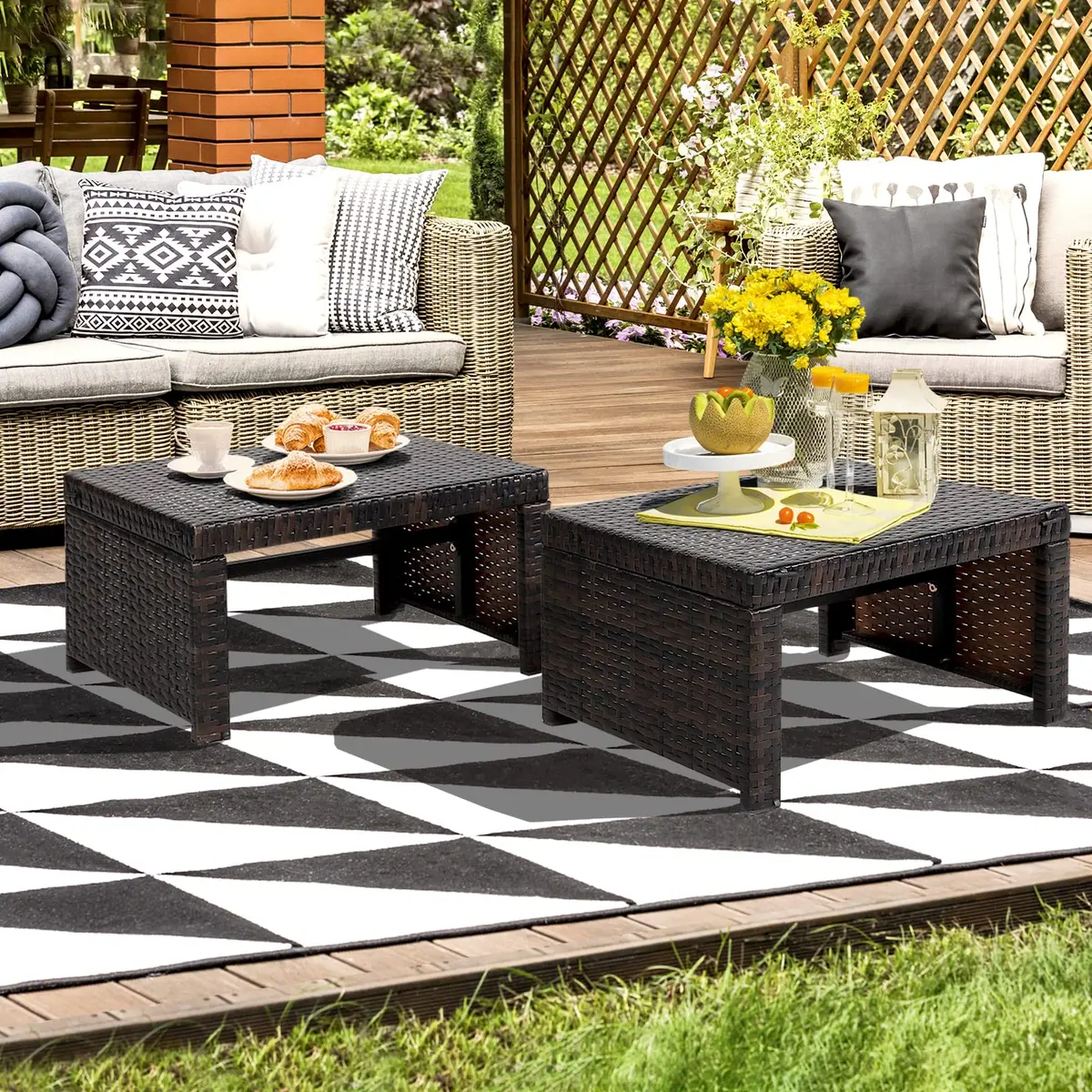 RELAX4LIFE 2-Piece Wicker Outdoor Ottoman | Removable Cushions, 19.5” x 15.5” x 11” | Patio & Garden - view 9