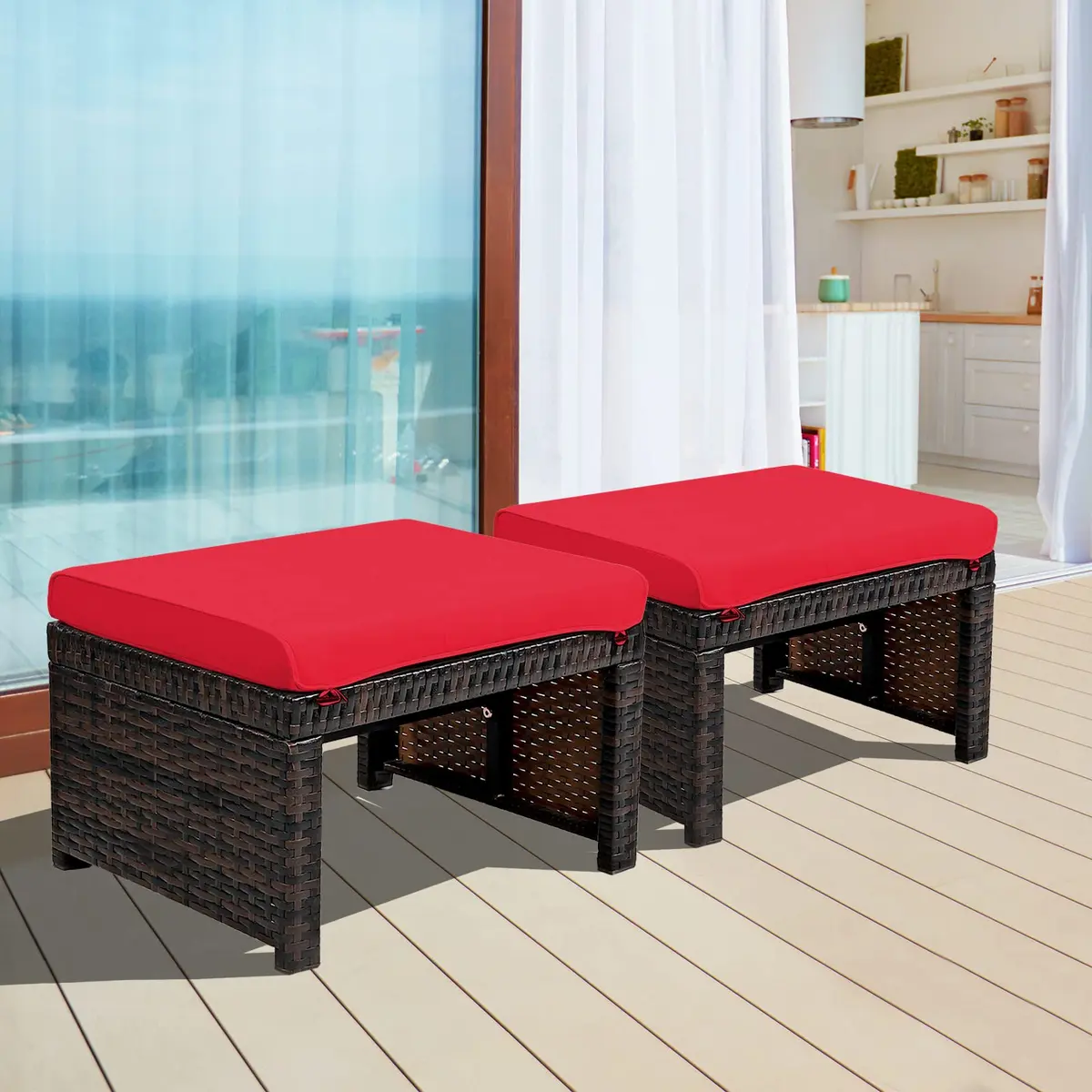 RELAX4LIFE 2-Piece Wicker Outdoor Ottoman | Removable Cushions, 19.5” x 15.5” x 11” | Patio & Garden - view 2