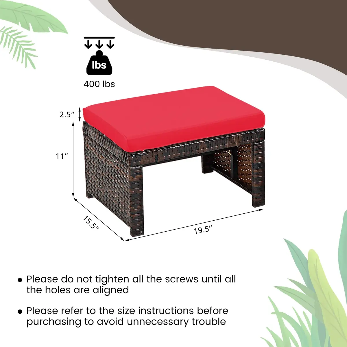 RELAX4LIFE 2-Piece Wicker Outdoor Ottoman | Removable Cushions, 19.5” x 15.5” x 11” | Patio & Garden - view 3