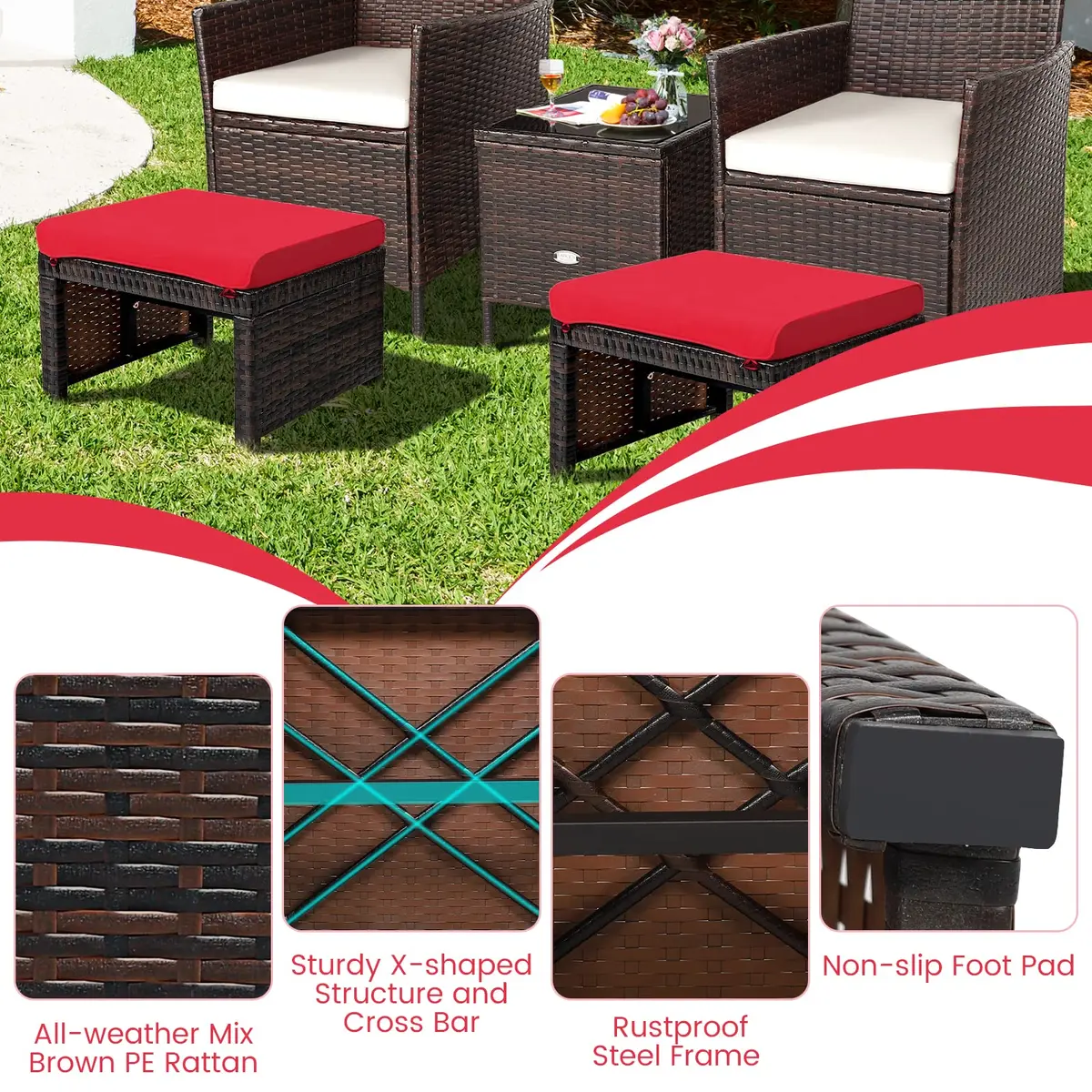 RELAX4LIFE 2-Piece Wicker Outdoor Ottoman | Removable Cushions, 19.5” x 15.5” x 11” | Patio & Garden - view 4
