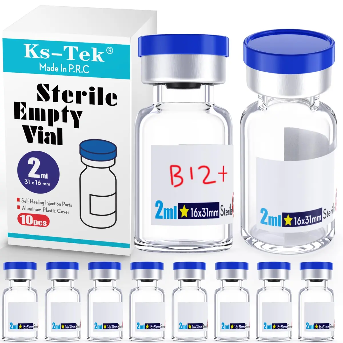 KSIITEKSLAB Sterile 2ml Sample Vials with Aluminum Cap | Self-Healing Glass Labware for Scientific Use - main product image