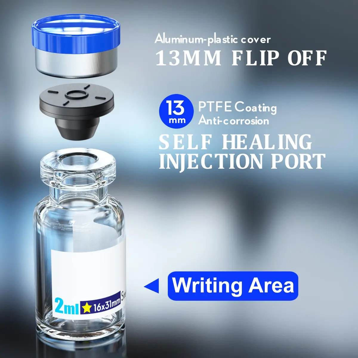 KSIITEKSLAB Sterile 2ml Sample Vials with Aluminum Cap | Self-Healing Glass Labware for Scientific Use - view 3