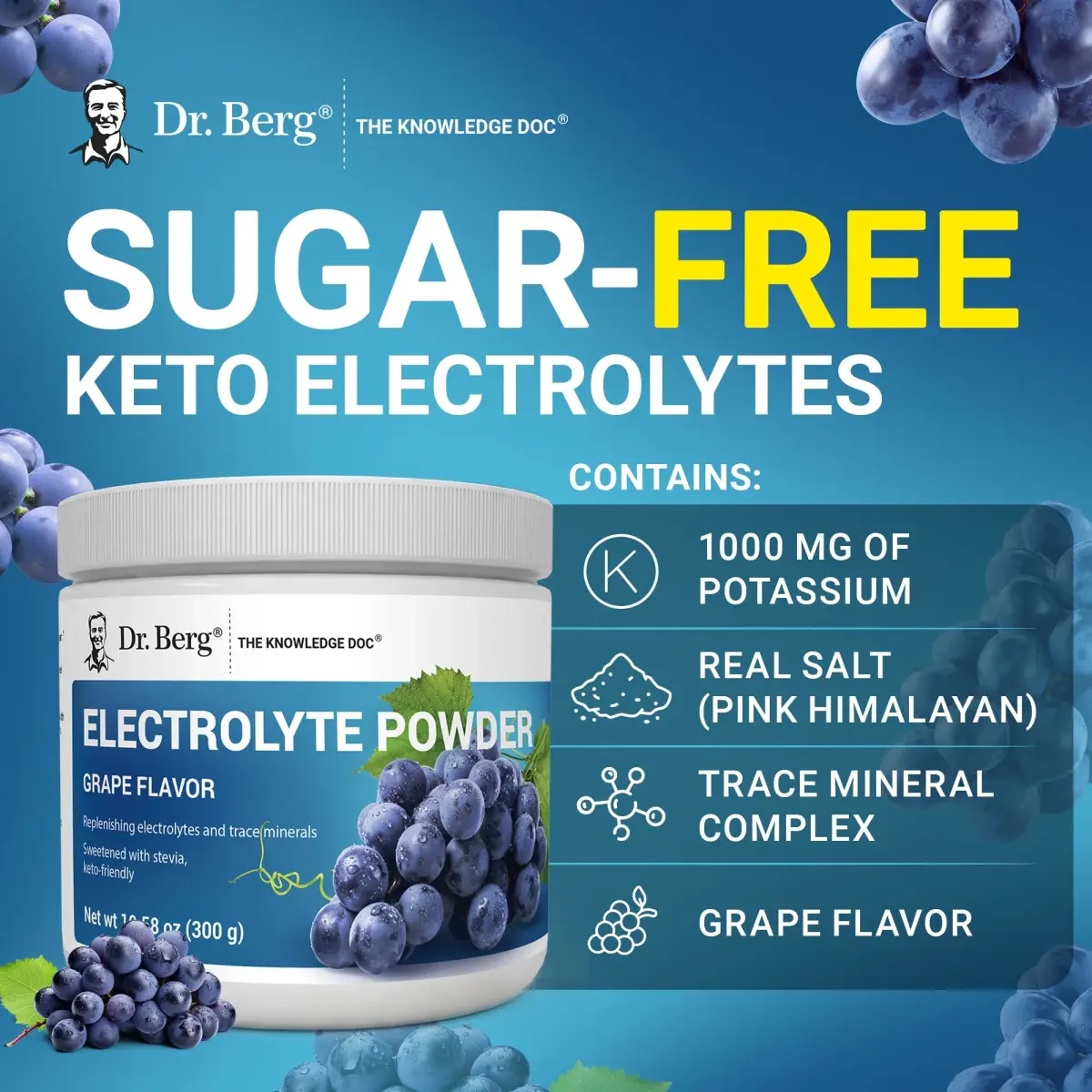 Dr. Berg Nutritionals Zero Sugar Hydration Keto Electrolyte Powder | 1000 mg Potassium & Pink Himalayan Salt (304g/10.55oz) - view 7