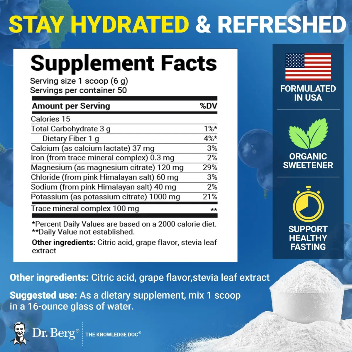 Dr. Berg Nutritionals Zero Sugar Hydration Keto Electrolyte Powder | 1000 mg Potassium & Pink Himalayan Salt (304g/10.55oz) - view 3