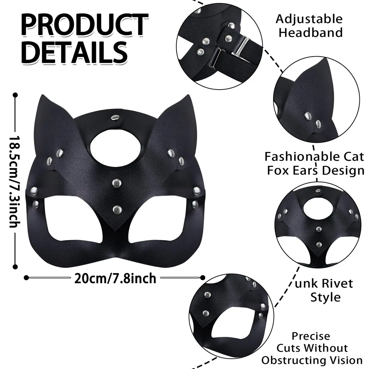 Takmor Cat Woman Mask for Adults Women, Adjustable Black Fox Mask | Punk Style - view 3
