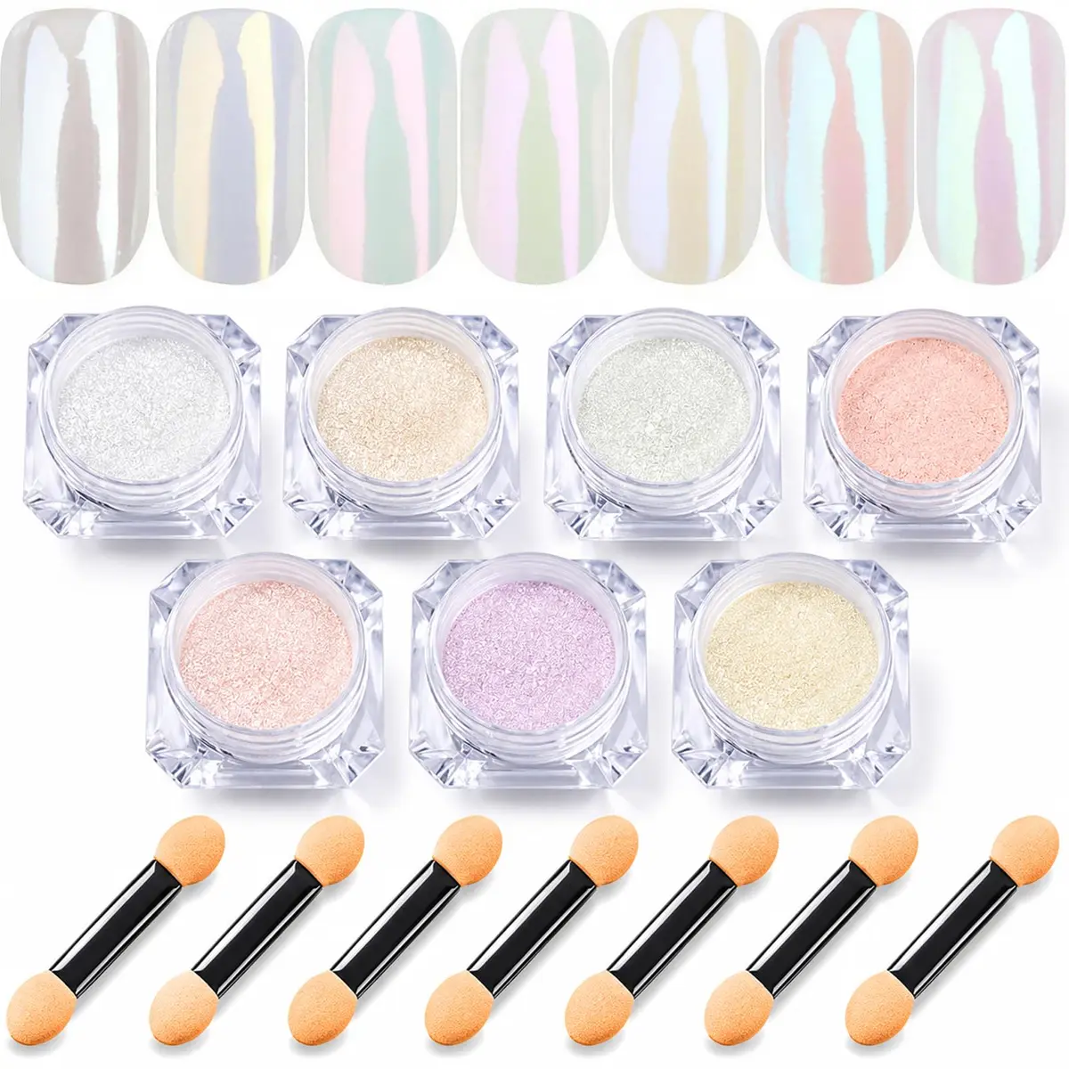 Lingyun 7 Colors White Pearl Chrome Nail Powder Set, Holographic Mermaid Effect Pigment | Nail Art Gift for Women - main product image