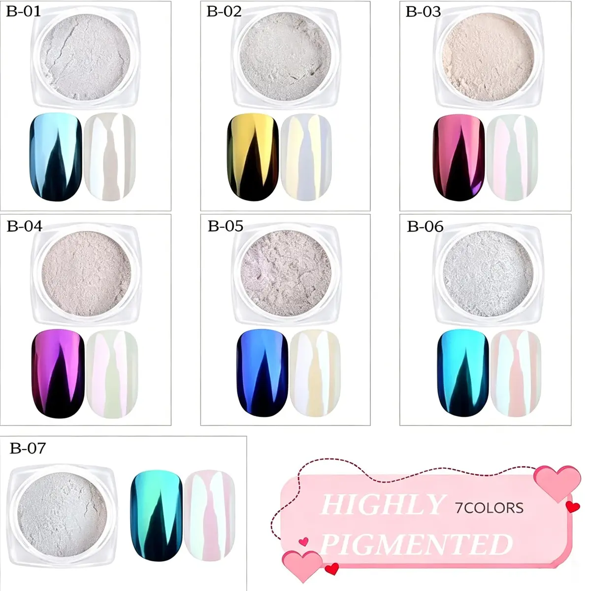 Lingyun 7 Colors White Pearl Chrome Nail Powder Set, Holographic Mermaid Effect Pigment | Nail Art Gift for Women - view 5