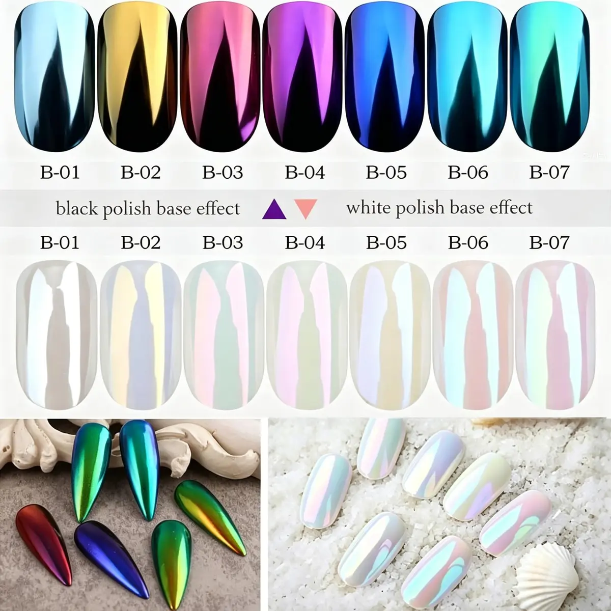 Lingyun 7 Colors White Pearl Chrome Nail Powder Set, Holographic Mermaid Effect Pigment | Nail Art Gift for Women - view 6