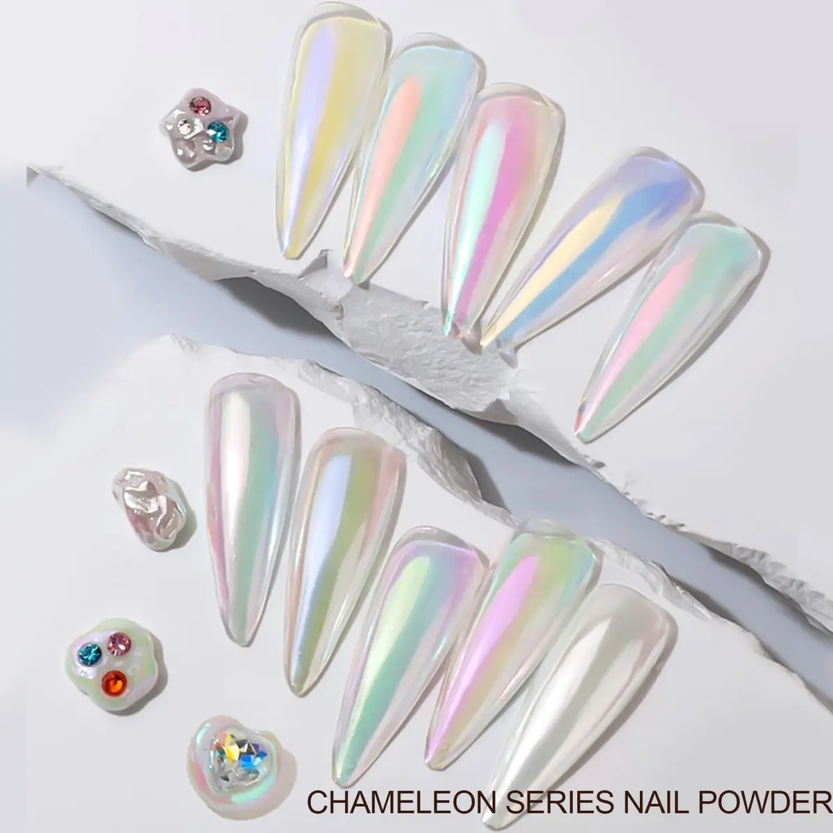 Lingyun 7 Colors White Pearl Chrome Nail Powder Set, Holographic Mermaid Effect Pigment | Nail Art Gift for Women - view 7
