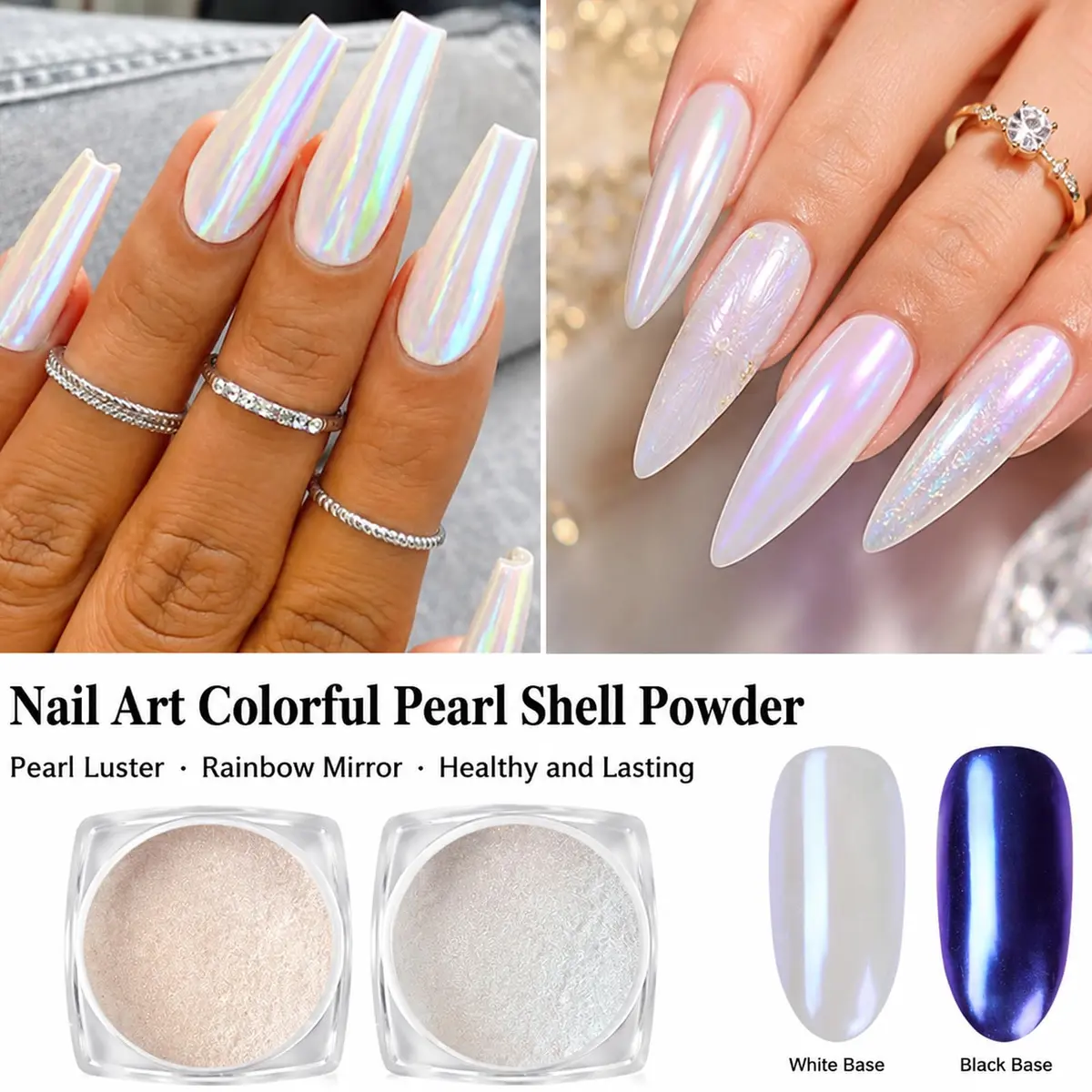 Lingyun 7 Colors White Pearl Chrome Nail Powder Set, Holographic Mermaid Effect Pigment | Nail Art Gift for Women - view 2