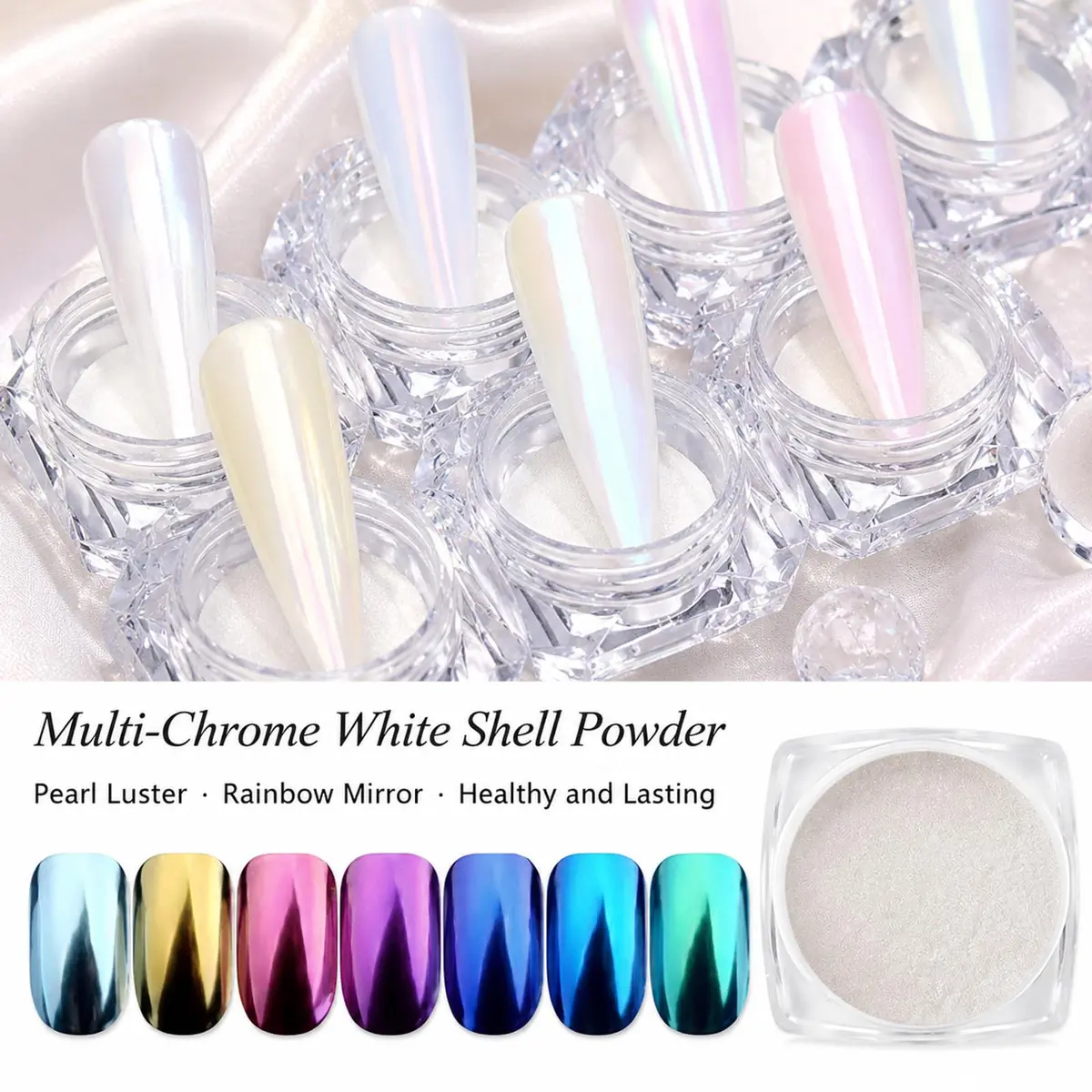 Lingyun 7 Colors White Pearl Chrome Nail Powder Set, Holographic Mermaid Effect Pigment | Nail Art Gift for Women - view 3
