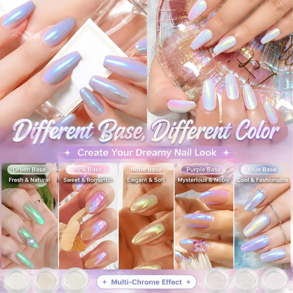 Lingyun 7 Colors White Pearl Chrome Nail Powder Set, Holographic Mermaid Effect Pigment | Nail Art Gift for Women - view 4