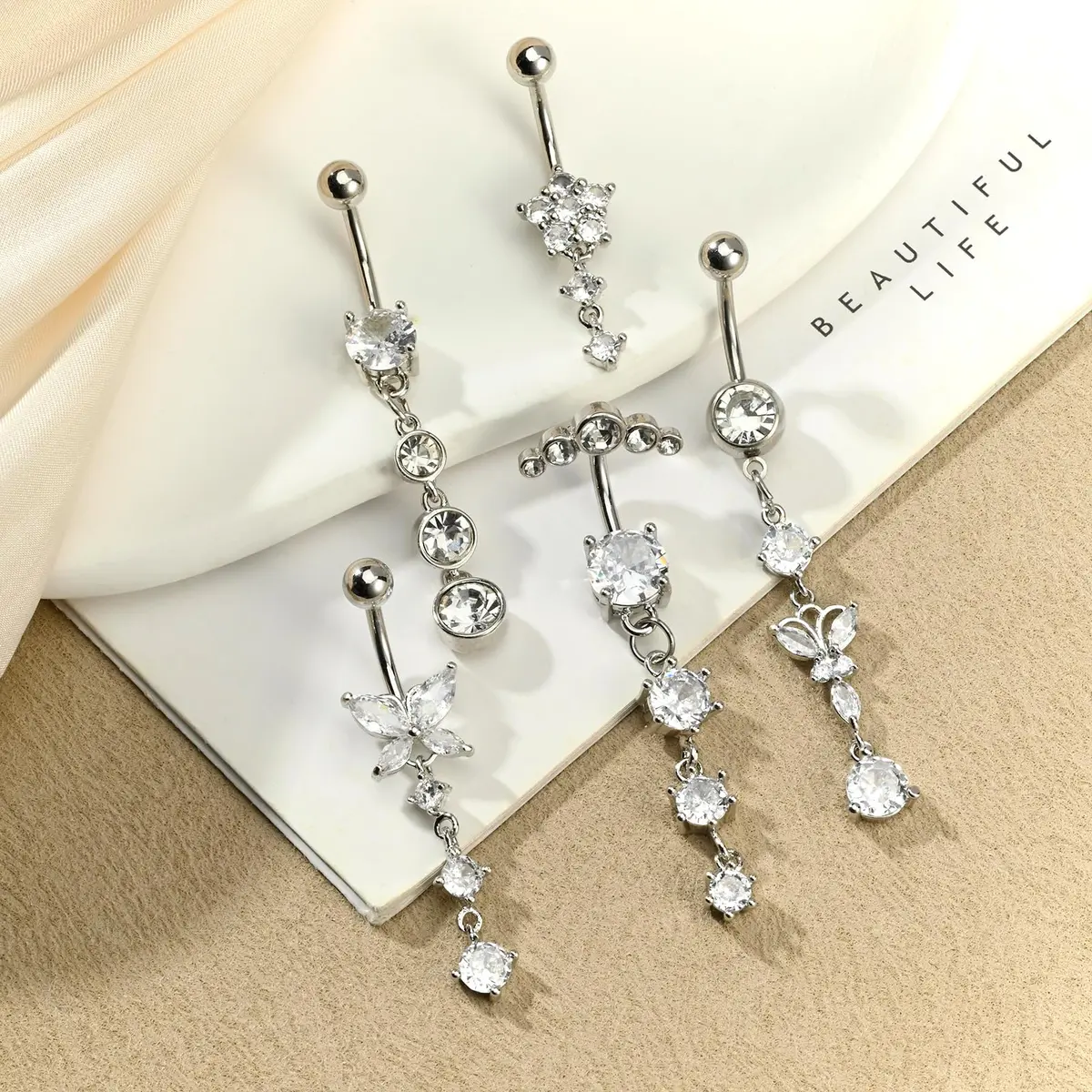 LAURITAMI 14G Dangle Belly Button Rings Surgical Steel CZ Silver Rose Gold | Lightweight & Secure - view 10