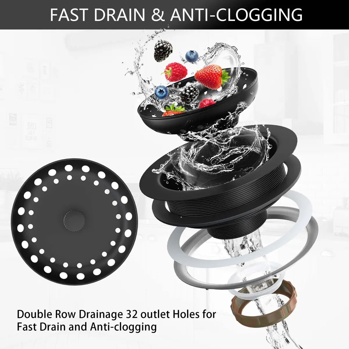 Exakey Black Sink Drain 3-1/2 Inch | Matte Black Stainless Steel Kitchen Sink Strainer Assembly Kit - view 6