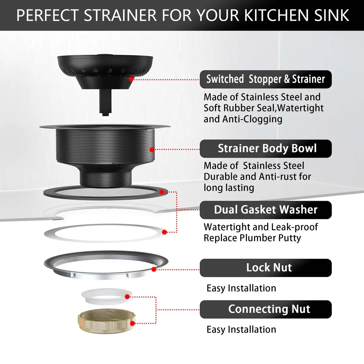 Exakey Black Sink Drain 3-1/2 Inch | Matte Black Stainless Steel Kitchen Sink Strainer Assembly Kit - view 7