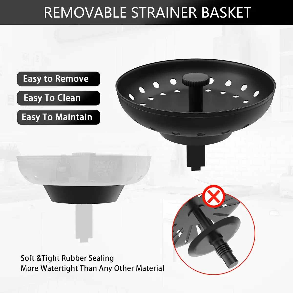 Exakey Black Sink Drain 3-1/2 Inch | Matte Black Stainless Steel Kitchen Sink Strainer Assembly Kit - view 8