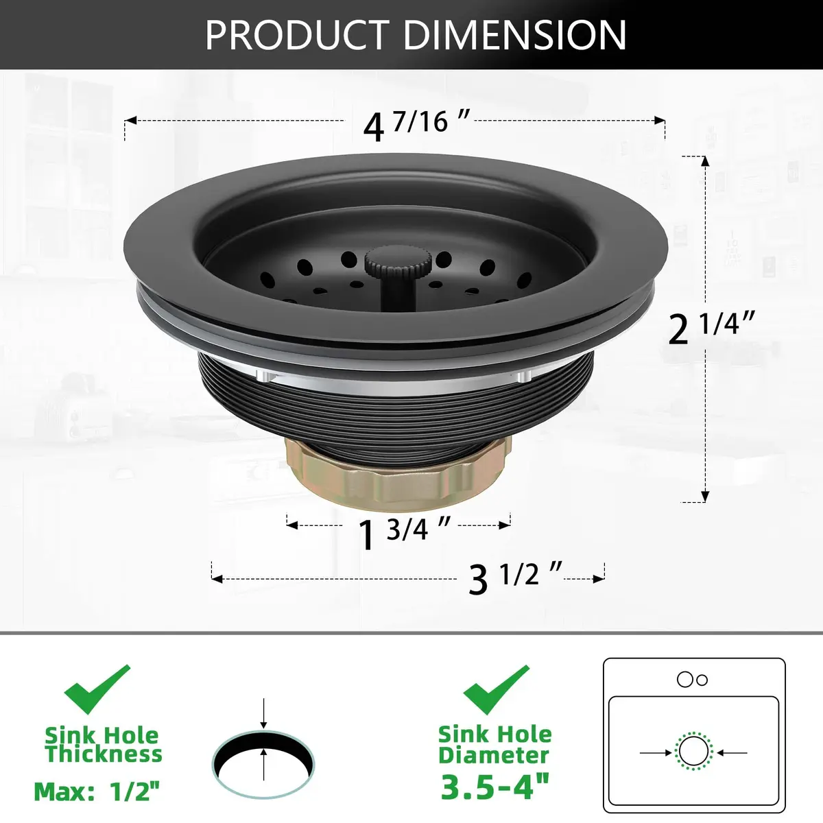 Exakey Black Sink Drain 3-1/2 Inch | Matte Black Stainless Steel Kitchen Sink Strainer Assembly Kit - view 9