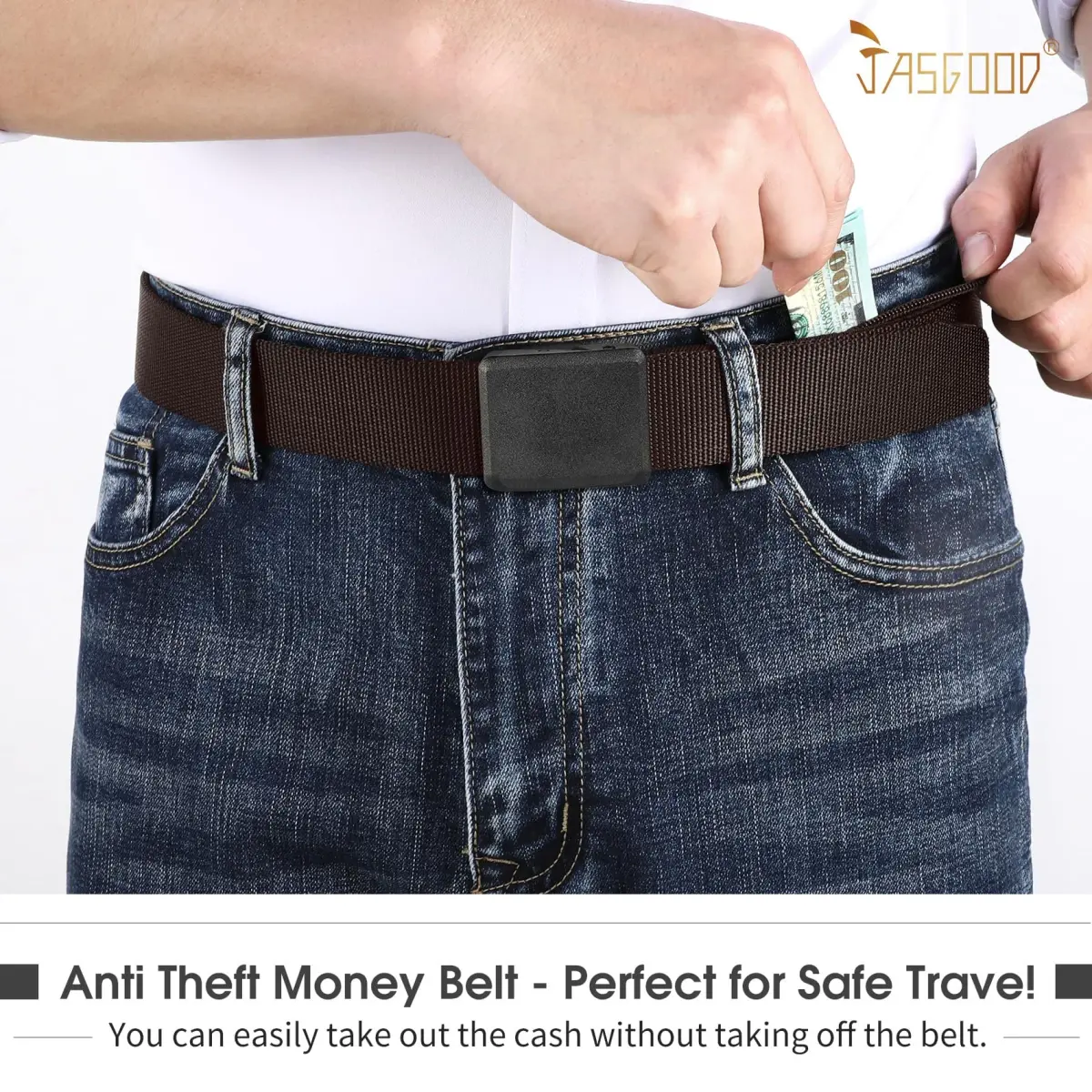 JASGOOD Dark Brown-b Travel Security Belt with Hidden Pocket - Unisex Nylon, Fits 44-50" Pant Size - view 2