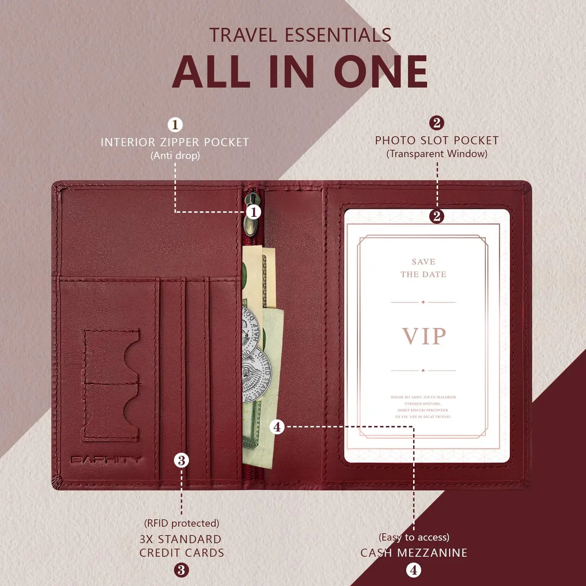 BAPHITY RFID Blocking Passport Holder Slim Travel Wallet for Women, Wine Red | Genuine Leather Multi-Slot Organizer - view 4