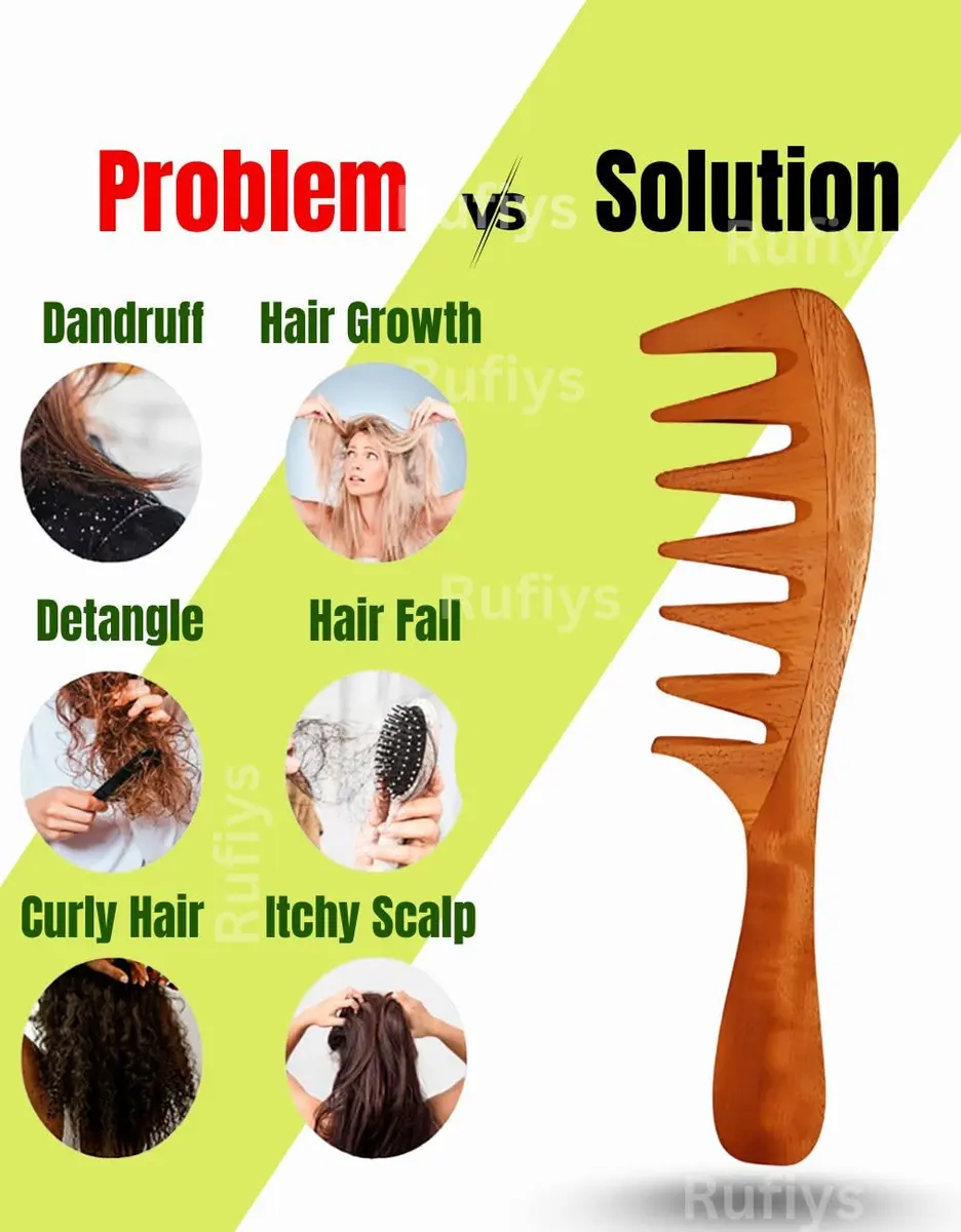 RUFIYS Wooden Curly Hair Wide Tooth Comb | Neem Wood Detangler for Women & Men, Hair Growth, Anti Dandruff (70 words) - view 6