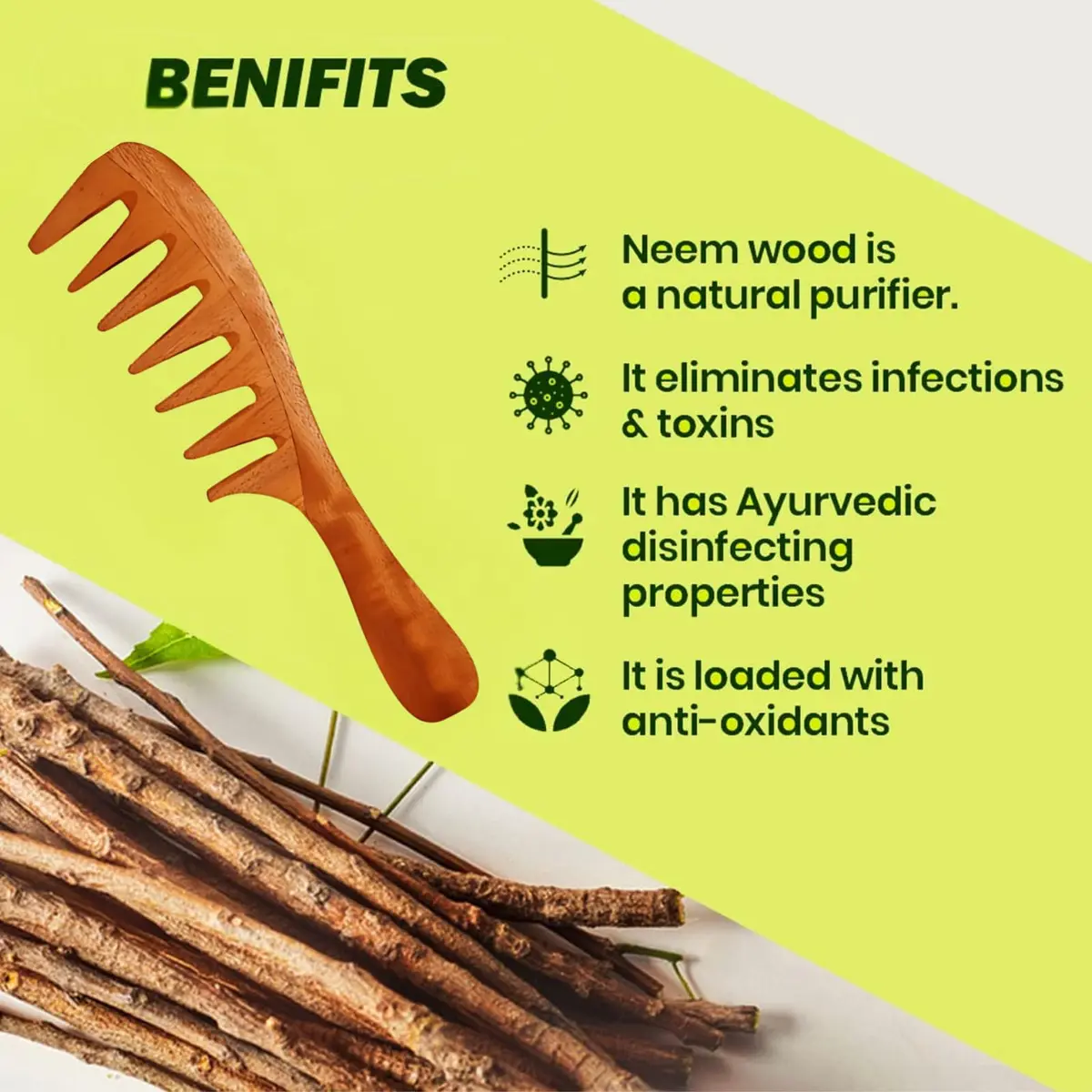 RUFIYS Wooden Curly Hair Wide Tooth Comb | Neem Wood Detangler for Women & Men, Hair Growth, Anti Dandruff (70 words) - view 2