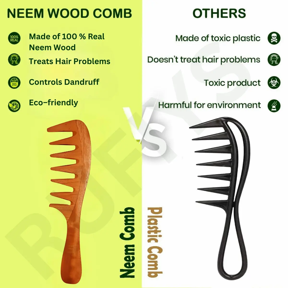 RUFIYS Wooden Curly Hair Wide Tooth Comb | Neem Wood Detangler for Women & Men, Hair Growth, Anti Dandruff (70 words) - view 3