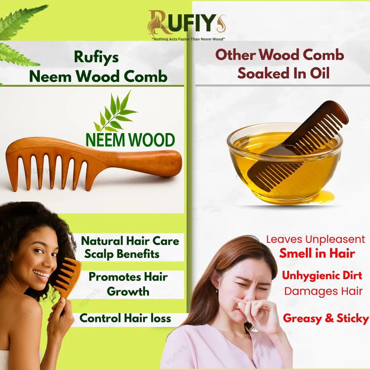 RUFIYS Wooden Curly Hair Wide Tooth Comb | Neem Wood Detangler for Women & Men, Hair Growth, Anti Dandruff (70 words) - view 4