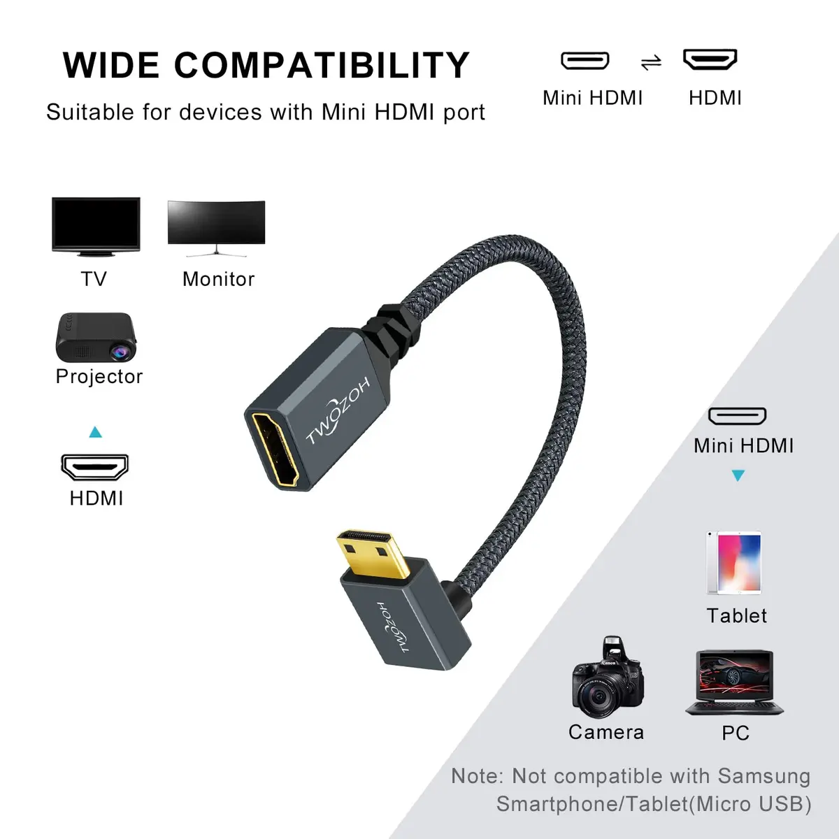 Twozoh Mini HDMI to HDMI Female Adapter Cable 0.18m (0.6FT) | Supports 4K 60Hz HDR - view 3
