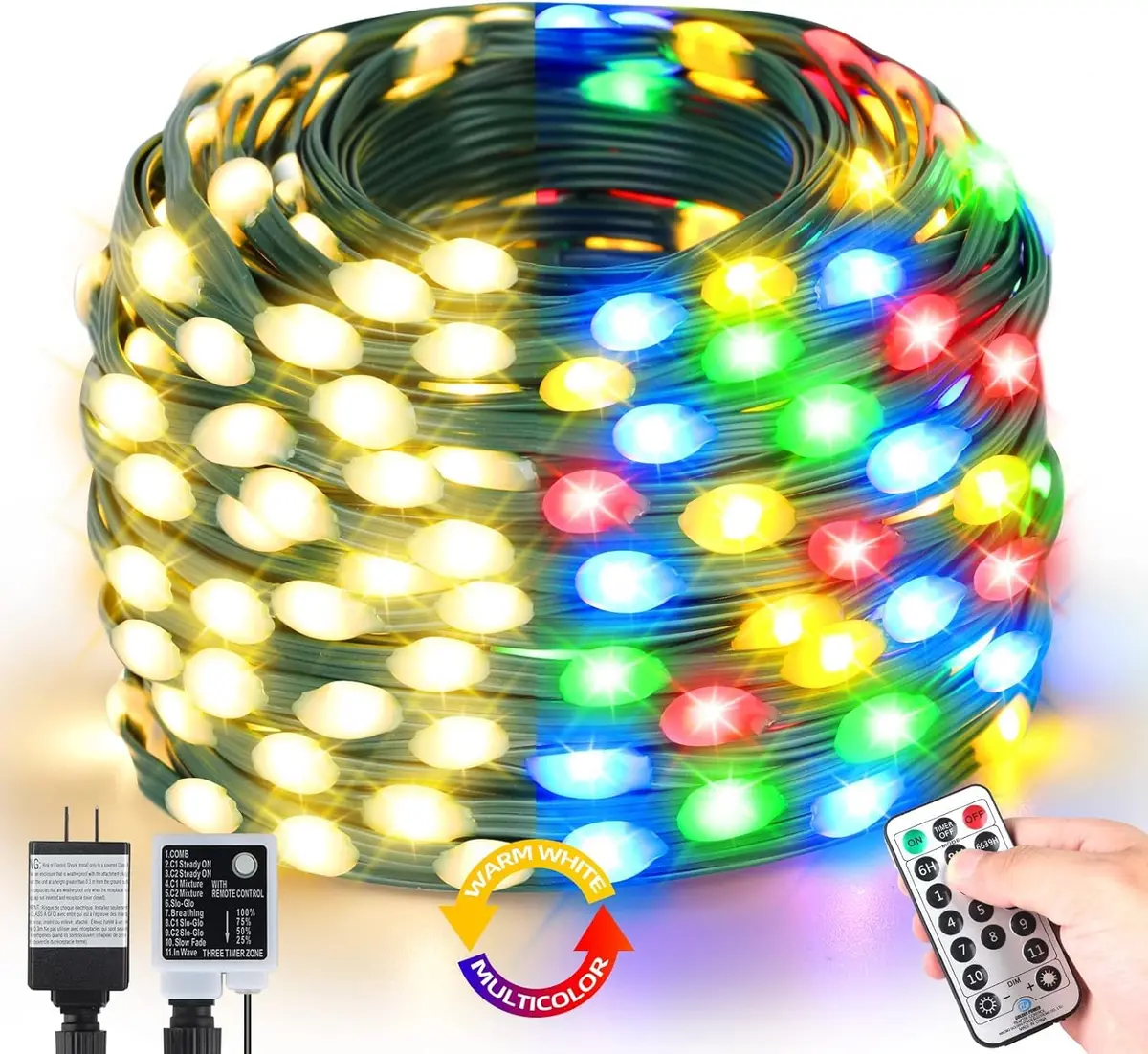 Tcamp 164ft 500 LED Color Changing Christmas Lights | Warm White & Multicolor, 500 LEDs - view 8